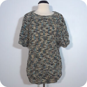 HAPPENING Womens Sweater Chunky Knit Short Sleeves Two Pockets Green Beige Blue